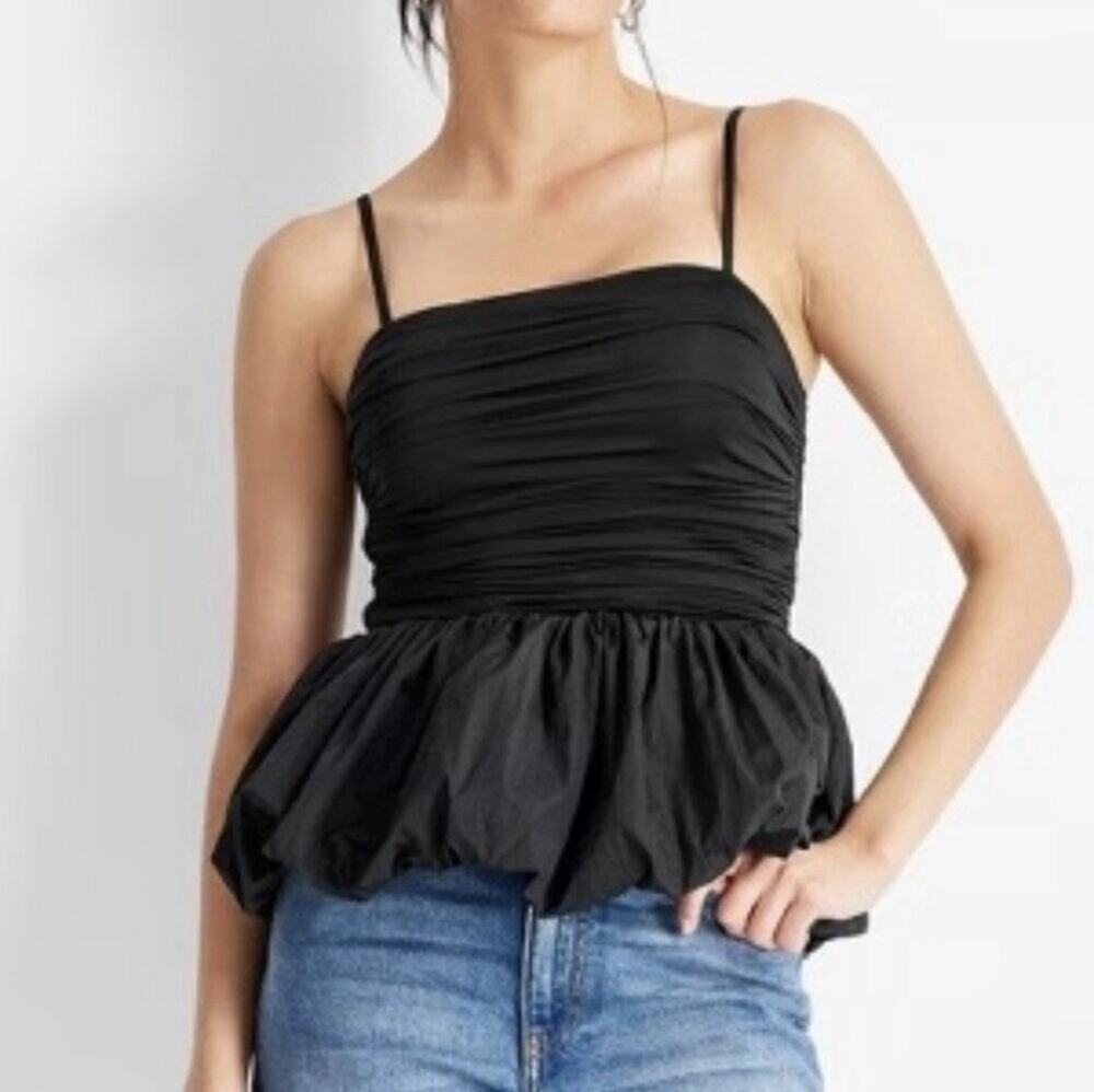Future Collective Black Jersey Ruched Bubble Hem Peplum Tank Top Stretchy Size M